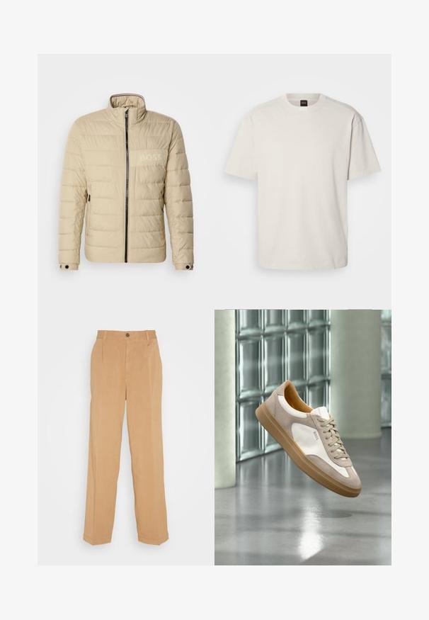 Veste rembourrée beige avec un col montant, des coutures horizontales, deux poches latérales et une fermeture éclair noire, arborant un subtil logo "BOSS" sur la poitrine.; T-shirt à manches courtes et col rond en coton blanc cassé, présentant une coupe droite et un marquage minimal sur le col. Texture douce, sans motifs.; Pantalons larges beiges en tissu doux, dotés de deux poches avant, d'une fermeture à bouton et de plis le long des jambes.; Baskets beige et blanches avec semelle marron clair et logo « BOSS », suspendues au-dessus d’un sol lisse et réfléchissant avec un mur en parpaings de verre en arrière-plan.