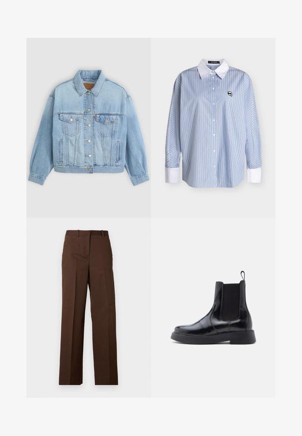 Lys blå denimjakke med klassisk krave, knaplukning, to brystlommer, afslappet pasform og synlige syningsdetaljer.; Blå og hvid lodret striped skjorte med knapper, med hvid krave og manchetter, med en lille sort-hvid logo på brystet.; Brune bukser lavet af en bomuldsblanding. Straight-leg design med en glat tekstur uden synlige mønstre eller pynt.; Sort læder Chelsea-støvle med elastiske sidepaneler, rund tå og en kraftig sort sål. Glat overflade og pull-tab på hælen.