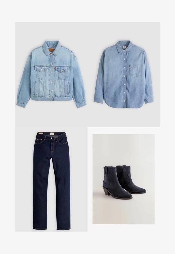 Lys blå denimjakke med klassisk krave, knaplukning, to brystlommer, afslappet pasform og synlige syningsdetaljer.; Lyseblå denimskjorte med button-down-krave, forlompe og lange ærmer. Har en buet kant og en subtil tekstur.; Mørkeblå jeans med lige ben, orange syninger, fem lommer og knaplukning, lagt fladt på en lys baggrund.; Sorte ruskind ankelstøvler med spids tå, lynlås lukning og en robust hæl. Har søm detaljer på siderne.