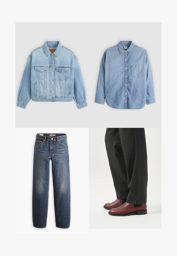 Veste en denim bleu clair avec un col classique, fermeture boutonnée, deux poches poitrine, coupe décontractée et détails de couture visibles.; Chemise en denim bleu clair avec col boutonné, poche avant et manches longues. Caractérisée par un ourlet arrondi et une texture subtile.; Jean en denim bleu foncé avec une coupe droite, doté de cinq poches, de rivets en cuivre et d'un léger délavage sur les cuisses.; Personne portant un pantalon droit gris foncé et des chaussures habillées en cuir marron sans lacets, debout sur un sol blanc.