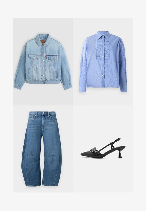 Heledad sinine denimpusak, millel on klassikaline krae, nööbid, kaks rinna taskut, lõdva istuvusega ja nähtavad õmblemise detailid.; Sinine ja valge triibuline pikkade varrukatega särk, mille ees on volangidega paneel ja nööpidega sulgur. Valmistatud kergetest kangastest, sisaldab klassikalist kraega.; Sinised laia säärega teksapüksid kõrge vöökohaga, esiküljel ja tagaküljel taskud ning selgelt välja toodud põlveõmblused.; Simmi London DALA - Klassikalised kontsakingad - black