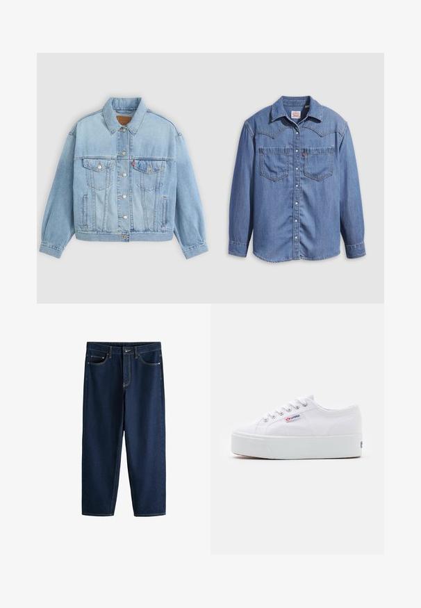 Lys blå denimjakke med klassisk krave, knaplukning, to brystlommer, afslappet pasform og synlige syningsdetaljer.; Lyseblå denimskjorte med spidst krave, to brystlommer og trykknapper. Har et western-inspireret stykke på skuldrene.; Mørkeblå straight-leg jeans med forlommer, bæltestropper og knaplukning mod en hvid baggrund.; Hvide canvas sneakers med en tyk hvid platformssål, rund tå og metaløjelets til snørebånd. Mærkets logo præsenteret på siden.