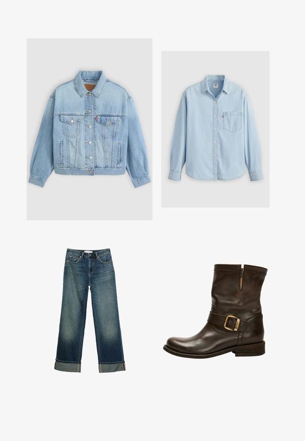 Veste en denim bleu clair avec un col classique, fermeture boutonnée, deux poches poitrine, coupe décontractée et détails de couture visibles.; Chemise en denim bleu clair avec un col pointu, des manches longues, un bouton de fermeture et une poche poitrine arborant une petite étiquette logo.; Jean large bleu délavé avec ourlets retroussés, fermeture devant par boutons et zip, et design cinq poches.; Bottines en cuir marron à bout arrondi, avec un détail de boucle sur le côté, des accents cousus et un petit talon empilé. Présente une texture distincte.