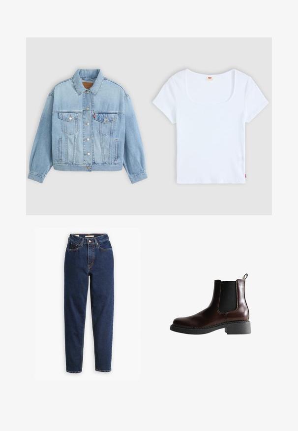Hellblaue Jeansjacke mit klassischem Kragen, Knopfverschluss, zwei Brusttaschen, lässiger Passform und sichtbaren Nähten.; Weiße kurzärmelige Bluse mit quadratischem Ausschnitt, aus geripptem Stoff. Mit einem kleinen roten Logoschild auf der unteren linken Seite.; Dunkelblaue Jeans aus Denim mit hoher Taille, Fünf-Taschen-Design und geraden Beinen. Kontrastnähte und Knopfverschluss.; Braune Leder-Boots mit elastischen Seitenteilen, runder Spitze und einer strukturierten schwarzen Gummisohle. Verfügt über kontrastierende Nähte und eine Ziehlasche.