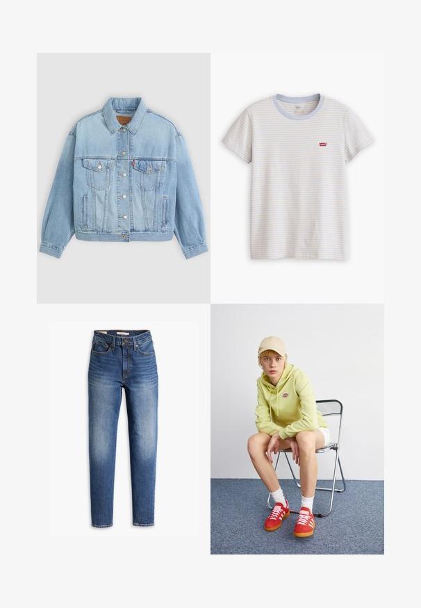Lichtblauwe denim jacket met een klassieke kraag, knoopsluiting, twee borstzakken, een ontspannen pasvorm en zichtbare stiksels.; Wit T-shirt met korte mouwen met dunne horizontale blauwe en beige strepen en een klein rood Levi's-logo op de linkerborst.; Blauwe denim jeans met een rechte pijp, hoge taille, achterzakken en een verwasde afwerking bij de dijen voor een versleten look.; Lichtgroene hoodie met logo, witte shorts, rode sneakers met witte strepen, zittend op een chroom opvouwstoel tegen een neutrale achtergrond.