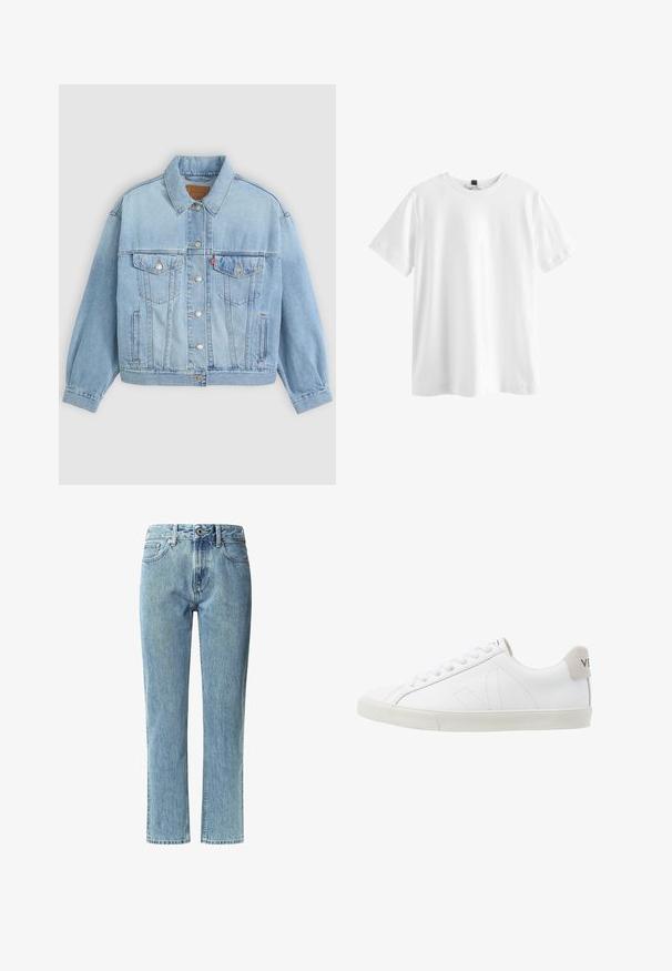 Lys blå denimjakke med klassisk krave, knaplukning, to brystlommer, afslappet pasform og synlige syningsdetaljer.; Simpel hvid kortærmet t-shirt med rund hals og sort mærke indeni kraven, vist fladt på en hvid baggrund.; Lyseblå denimjeans med lige pasform, mellemhøj talje, fem lommer og diskret slidmærker. Funktionel metalknap og lynlås lukning.; Hvide lædersneakers med en struktureret off-white gummi sål. Funktioner inkluderer snørebånd, diskrete sømme og en grå ruskindsdetalje ved hælen.
