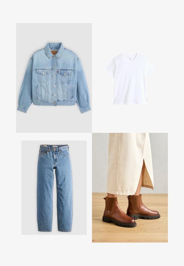 Lys blå denimjakke med klassisk krave, knaplukning, to brystlommer, afslappet pasform og synlige syningsdetaljer.; Hvid bomuld t-shirt med korte ærmer, rund halsudskæring og lige kant. Har en lille rød logoetiket på nederste venstre side.; Lysblå denim jeans med lige ben-design, fem lommer, lynlås og en subtil falmet tekstur. Klassisk stil med minimal hardware.; Brune læder ankelstøvler med en kraftig sort gummi sål, der har elastiske sidepaneler og en pull-tab bagpå for nem påtagning.