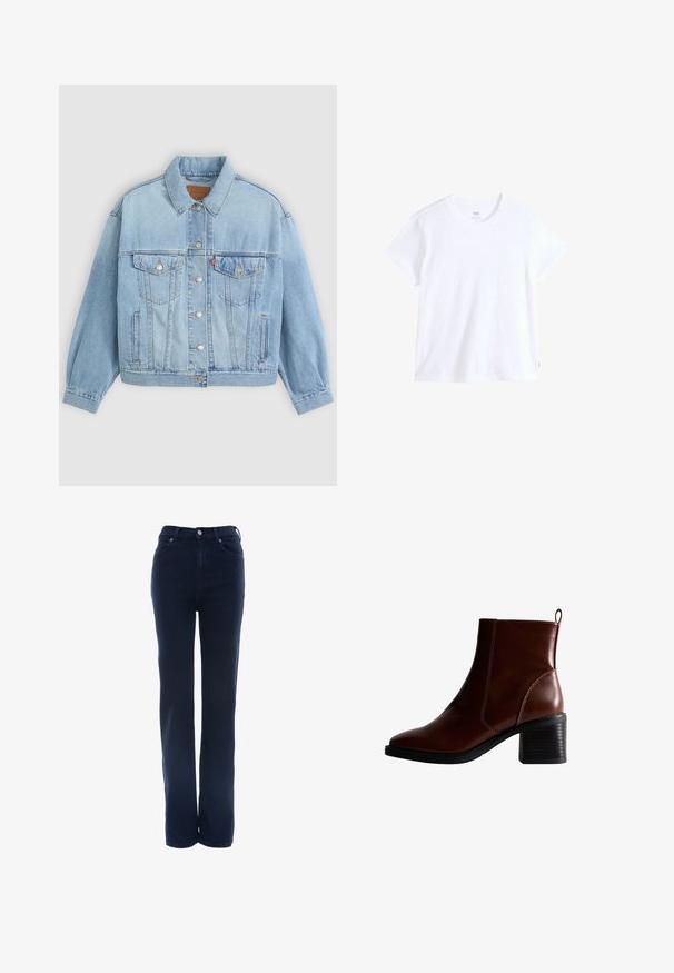 Lichtblauwe denim jacket met een klassieke kraag, knoopsluiting, twee borstzakken, een ontspannen pasvorm en zichtbare stiksels.; Wit katoenen t-shirt met korte mouwen, ronde hals en rechte zoom. Heeft een klein rood logotag aan de linkeronderzijde.; Donkerblauwe high-waisted jeans met een recht gesneden ontwerp, gemaakt van denim, met een sluiting van een frontknop en rits, en twee frontzakken.; Bruin lederen enkellaars met een vierkante neus en zijnaad, een gestapelde hak van 7,5 cm en een lus aan de achterkant voor gemakkelijk aan- en uittrekken.