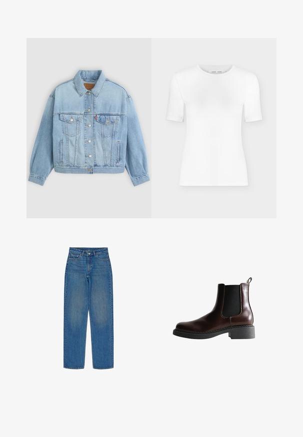 Lys blå denimjakke med klassisk krave, knaplukning, to brystlommer, afslappet pasform og synlige syningsdetaljer.; Hvid T-shirt med rund hals, korte ærmer, slank pasform og ribbet stofstruktur, vist på en ensfarvet lys grå baggrund.; Blå denim jeans med lige ben, der har fem lommer, knaplukning foran og en diskret falmning på stoffet.; Brune læder ankelstøvle med elastiske sidepaneler, rund tå og en struktureret sort gummisål. Har kontrasterende syninger og en trækflap.