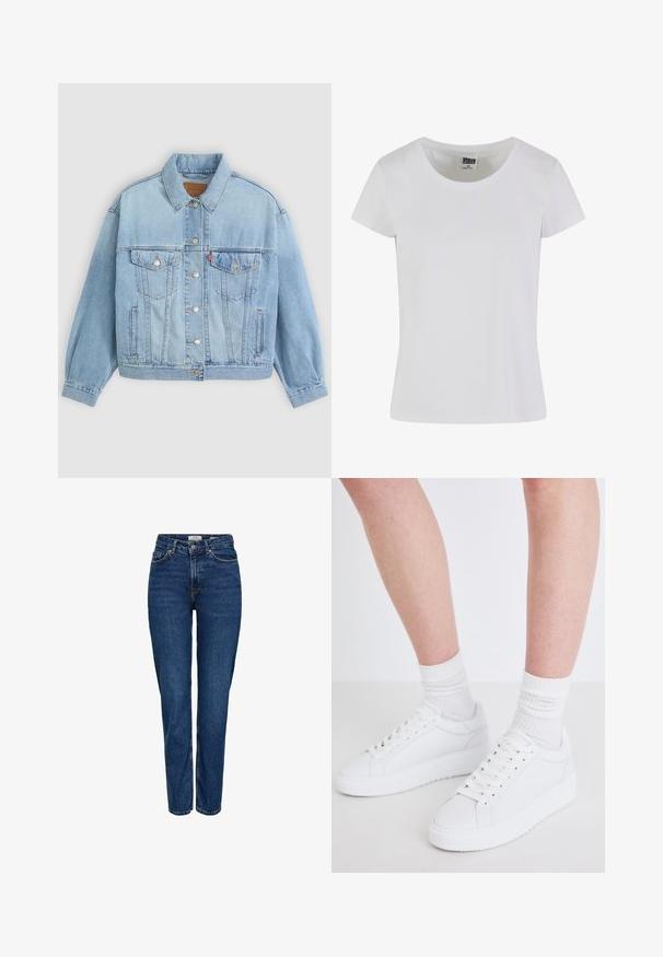Chaqueta de mezclilla azul clara con un collar clásico, cierre de botones, dos bolsillos en el pecho, corte relajado y costuras visibles.; Camiseta blanca de manga corta hecha de algodón. Presenta un escote redondeado y una forma ajustada. La etiqueta dice "URBAN CLASSICS."; Vaqueros de mezclilla azul oscuro con diseño de pierna recta, cintura alta, cinco bolsillos, costuras claras y un acabado sutilmente texturizado.; Copenhagen Studios CPH72 - Zapatillas - white