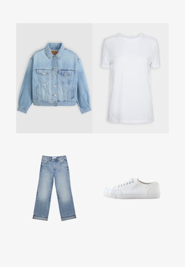 Hellblaue Jeansjacke mit klassischem Kragen, Knopfverschluss, zwei Brusttaschen, lässiger Passform und sichtbaren Nähten.; Schlichtes weißes T-Shirt mit kurzen Ärmeln und Rundhalsausschnitt, normaler Passform und einem kleinen Innenhalsetikett mit der Aufschrift „SELECTED FEMME.“; Hellblaue Jeans aus Denim im weit geschnittenen Design, mit ausgefranstem Saum, leichter Abnutzung und klassischem Fünf-Taschen-Stil.; Weißer niedriger Canvas-Sneaker mit weißen Schnürsenkeln und Gummisohle, von der Seite auf weißem Hintergrund dargestellt.