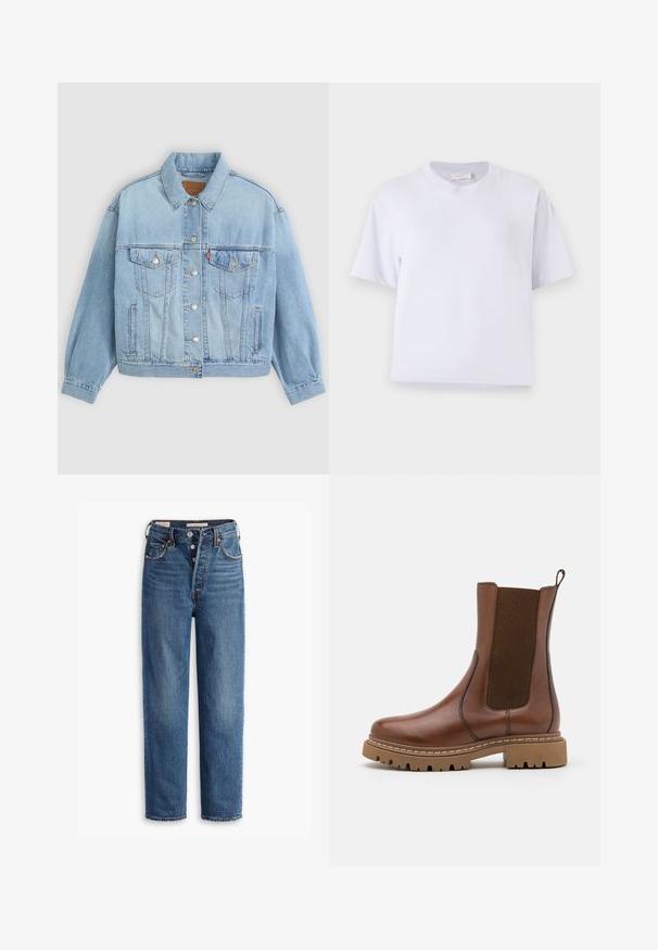 Lys blå denimjakke med klassisk krave, knaplukning, to brystlommer, afslappet pasform og synlige syningsdetaljer.; Hvid bomulds t-shirt med en afslappet pasform, korte ærmer, rund hals og ingen synlige mønstre eller udsmykninger. Glat struktur.; Levi's® RIBCAGE STRAIGHT ANKLE - Jeans Straight Leg - valley view; Brune læder ankelstøvle med elastiske paneler og en trækflap. Har en kraftig gummisål og synlige stikninger langs kanterne.