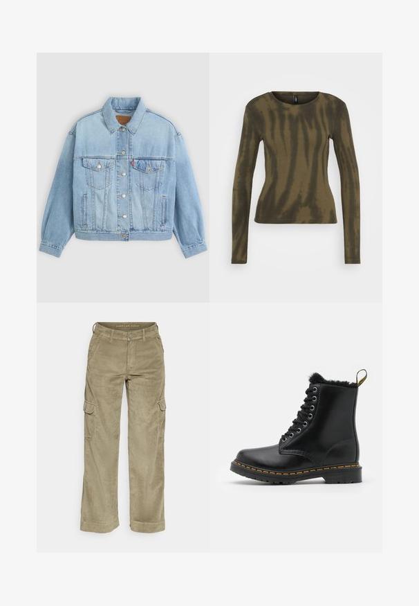Heledad sinine denimpusak, millel on klassikaline krae, nööbid, kaks rinna taskut, lõdva istuvusega ja nähtavad õmblemise detailid.; ONLY ONLLAILA TIE DYE - Pikkade varrukatega topp - black/kalamata; American Eagle BAGGY WIDE LEG - Kargopüksid - olive; Mustad mustad nahast pahkluu saapad ümmarguse varbaga, karvane vooder, hõbedased silmad ja kollane õmblus tallal. Tugev kummist välistald.
