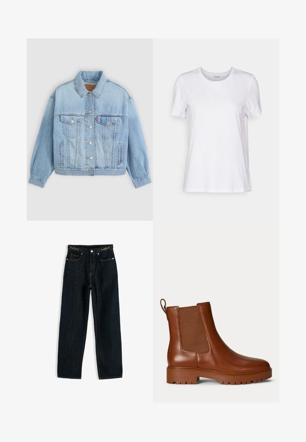 Hellblaue Jeansjacke mit klassischem Kragen, Knopfverschluss, zwei Brusttaschen, lässiger Passform und sichtbaren Nähten.; Weißes T-Shirt mit kurzen Ärmeln, aus weichem Material, mit Rundhalsausschnitt und lockerer Passform. Der Saum ist gerade und hat keine Muster oder Akzente.; Dunkelblaue Jeans aus Denim mit geradem Bein, fünf Taschen, kupferfarbenen Nieten und einem Metallknopfverschluss in der Taille.; Brauner Chelsea-Lederstiefel mit elastischem Seitenteil, Zuglasche an der Ferse und grober Profilsohle.