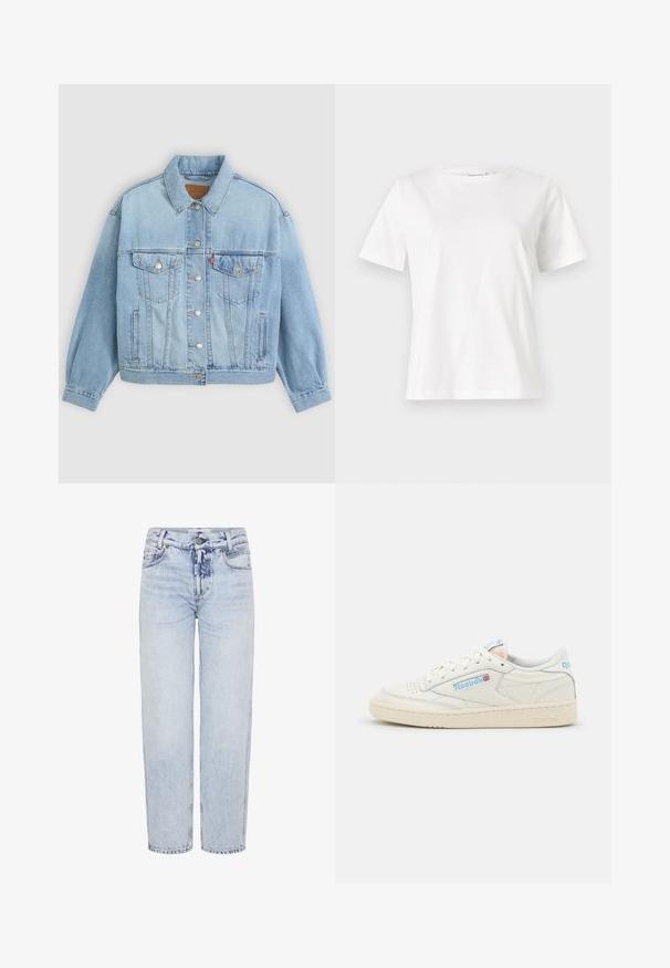 Lichtblauwe denim jacket met een klassieke kraag, knoopsluiting, twee borstzakken, een ontspannen pasvorm en zichtbare stiksels.; Witte katoenen t-shirt met korte mouwen, ronde halslijn en een ontspannen pasvorm. Gladde textuur, geen patronen of accenten, minimalistisch ontwerp.; Lichtblauwe, hoge taille jeans van denim; recht gesneden met voorzakken, een knoopsluiting en minimale vervaging.; Reebok sneakers in off-white leer met lichtblauwe accenten. Beschikt over een geperforeerde neus, platte veters en een getextureerde rubberen zool.