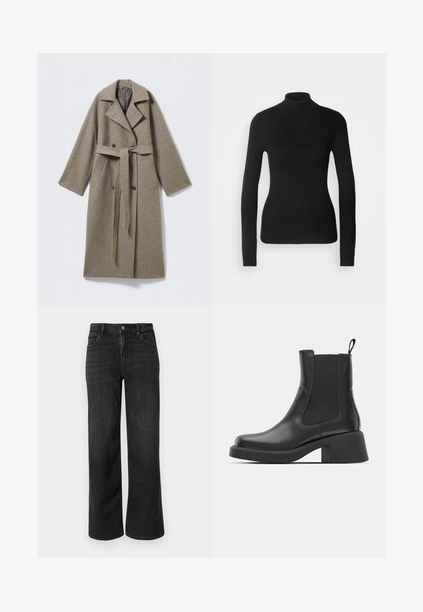 Manteau long en laine beige doux avec un col cranté, une fermeture croisée à boutons, une ceinture à la taille et des poches latérales. Tissu texturé.; Pull à col roulé noir en maille légère. Il possède des manches longues, une coupe ajustée et une texture côtelée douce.; Jean en denim noir à jambes larges avec une coupe classique, doté d'une fermeture éclair, d'un bouton et d'un design à cinq poches. Dégradé subtil et détails de couture.; Bottines en cuir noir avec des panneaux élastiques sur les côtés, un bout rond et un talon épais. Texture lisse avec un design minimaliste.
