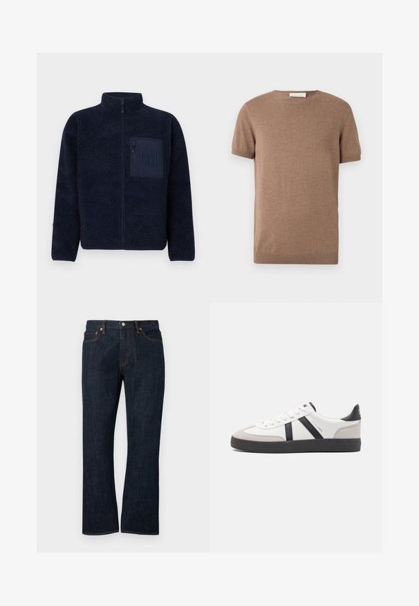 Veste en polaire bleu marine avec fermeture éclair, col montant et poche poitrine zippée ornée du logo GAP embossé.; Pull marron à manches courtes en maille avec ourlets côtelés et col rond, présenté sur un fond blanc.; Jean droit en denim bleu foncé avec poches avant, rivets en cuivre et fermeture par bouton.; Baskets blanches avec des accents noirs et gris, présentant un embout texturé gris, une semelle en caoutchouc noir et des lacets plats blancs. Design épuré, style minimaliste.