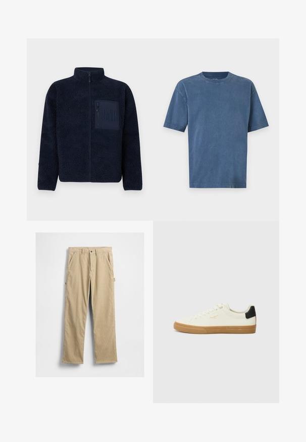 Veste en polaire bleu marine avec fermeture éclair, col montant et poche poitrine zippée ornée du logo GAP embossé.; T-shirt bleu uni à manches courtes et col rond, coupe décontractée avec surpiqûres visibles sur les manches et l'ourlet, sur fond blanc.; Pantalon en velours côtelé beige à jambes droites, avec poches avant et fermeture à bouton. Comprend une poche latérale et un tissu texturé.; Sneaker en toile blanche avec une semelle en gomme, accent au talon noir, bout rond et design à lacets. Présente le logo de la marque en doré sur le côté.