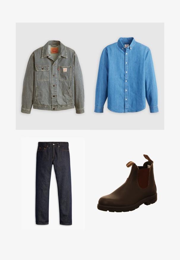 Stribet denimjakke med lukning foran med knapper, to brystlommer og et Levi's mærke. Har en klassisk krave og opsmøgede ærmer.; Lyseblå denimskjorte med lange ærmer, knap-ned krave og hvide knapper. Har et lille broderet logo på brystet.; Mørkeblå denimjeans med lige pasform, fem-lomme design, kobbernitter, gul syning og et markant struktureret stof.; Brune læderankelbukser med elastiske sidepaneler, trækremme og struktureret gummisål. Glat overflade med kontrasterende syninger.