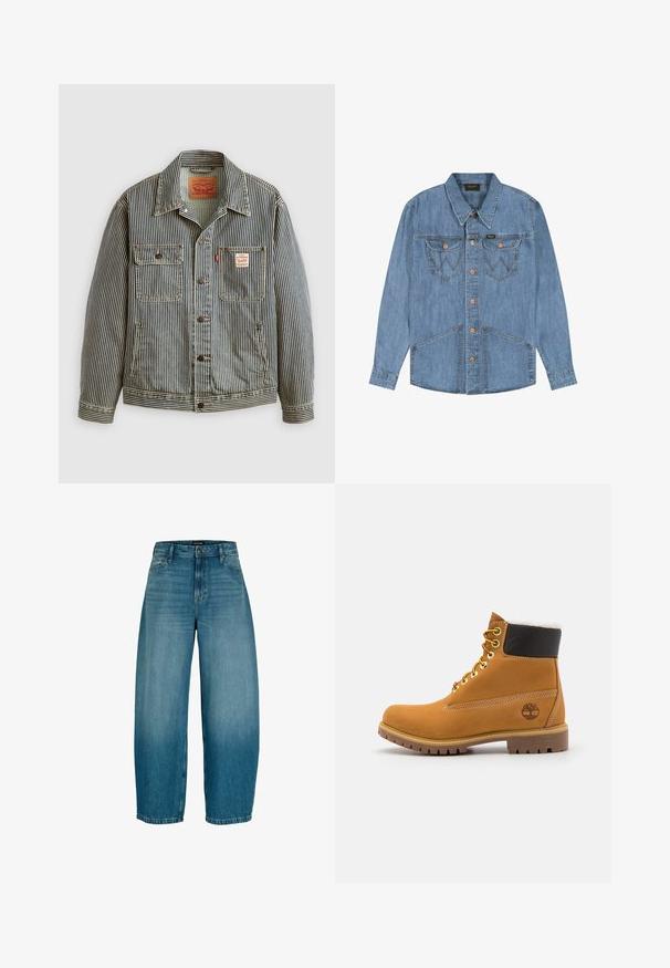 Stribet denimjakke med lukning foran med knapper, to brystlommer og et Levi's mærke. Har en klassisk krave og opsmøgede ærmer.; Lyseblå denimskjorte med lange ærmer, spids krave, metalknapper foran og fire lommer, to på brystet og to nederst foran.; Blå denim viddebukser med forreste lukning med knapper og lynlås, bæltestropper og sidelommer, med let falmning på lårene.; Brune læder ankelstøvle med metaløjer, hvid pelsforing, sort polstret krave, robust sål og præget logo på siden.