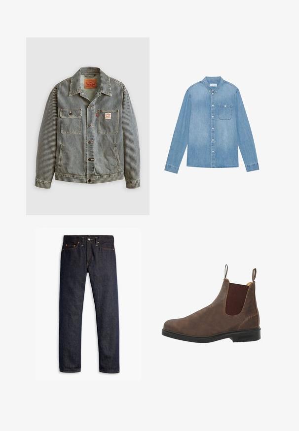 Veste en denim rayée avec une fermeture à boutons sur le devant, deux poches poitrine et une étiquette Levi's. Elle possède un col classique et des manches retroussées.; Chemise en denim bleu clair à boutons, manches longues, col pointu, poche poitrine unique et décoloration subtile sur le tissu.; Jeans en denim bleu foncé avec une coupe droite, un design à cinq poches, des rivets en cuivre, des coutures jaunes et un tissu texturé distinct.; Bottine en cuir marron à panneaux élastiques sur les côtés, bout rond et semelle en caoutchouc noir. Détails de texture et de couture subtils.