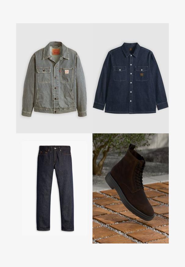 Stribet denimjakke med lukning foran med knapper, to brystlommer og et Levi's mærke. Har en klassisk krave og opsmøgede ærmer.; Mørkeblå denimskjorte med lange ærmer, knapper foran, to brystlommer med knapklapper og synlige hvide syninger.; Mørkeblå denimjeans med lige pasform, fem-lomme design, kobbernitter, gul syning og et markant struktureret stof.; Brune ruskind ankelstøvle med sorte øjer og snørebånd, rund tå og en sort gummisål. Viser en tekstureret overflade og hælløkke.