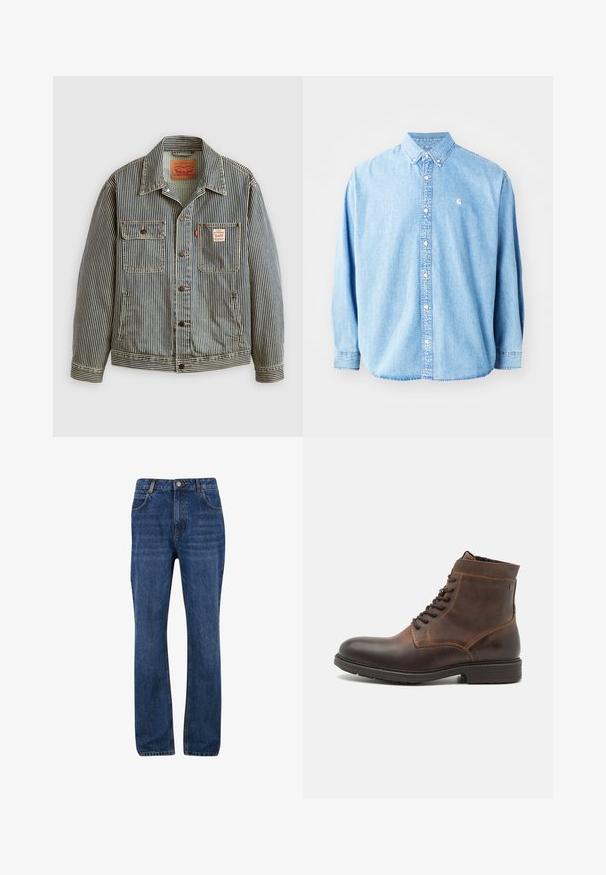 Stribet denimjakke med lukning foran med knapper, to brystlommer og et Levi's mærke. Har en klassisk krave og opsmøgede ærmer.; Lysel blå denim skjorte med knapper og lange ærmer, spids krave og et lille logo på venstre bryst. Har en afslappet pasform og klassisk design.; Mørkeblå denim jeans med lige ben, der har forlommer, bæltestropper og lynlåsnegle med knaplukning.; Jack & Jones JFWDELANEY BOOT - Snørestøvletter - cognac