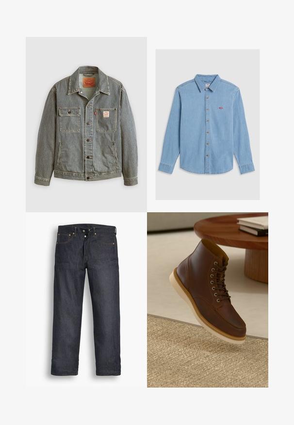 Stribet denimjakke med lukning foran med knapper, to brystlommer og et Levi's mærke. Har en klassisk krave og opsmøgede ærmer.; Lyseblå denimskjorte med lange ærmer, knaplukning foran og spidse kraver. Har brune knapper og et lille rødt logo-patch.; Mørkeblå denimjeans med lige ben-design, der har orange syninger, klassisk fem-lomme stil og knaplukning.; Brune læderankelstøvle med beige sål på et struktureret beige tæppe ved siden af et rundt træbord med stakke af bøger.