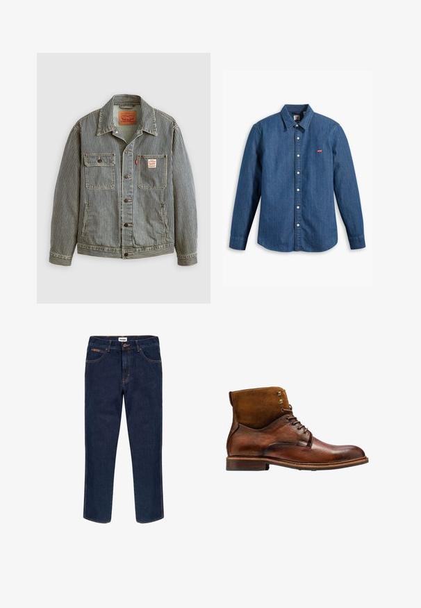 Veste en denim rayée avec une fermeture à boutons sur le devant, deux poches poitrine et une étiquette Levi's. Elle possède un col classique et des manches retroussées.; Chemise en denim bleu foncé à manches longues, avec col et fermeture à boutons. Présente un petit logo rouge Levi's sur la poitrine. Texture lisse.; Jean Wrangler bleu foncé avec cinq poches, fermeture par boutons et surpiqûres orange, présenté à plat sur fond blanc.; Kazar ALID - Bottines à lacets - brown