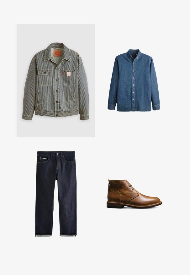 Gestreepte denimjacket met een frontsluiting met knopen, twee borstzakken en een Levi's-label. Beschikt over een klassieke kraag en opgerolde mouwen.; Denim overhemd met knopen in middelblauwe kleur, met lange mouwen, een puntkraag, witte knopen en een getailleerde pasvorm met subtiele geborduurde logo.; Donkerblauwe spijkerbroek met opgerolde pijpen, knoop- en ritssluiting, voor- en muntzakken en contrasterende stiksels op een witte achtergrond.; Bruine leren enkelboot met twee gaatjes, ronde neus, lus bij de hak, gelaagde zool en zwarte rubberen loopzool.