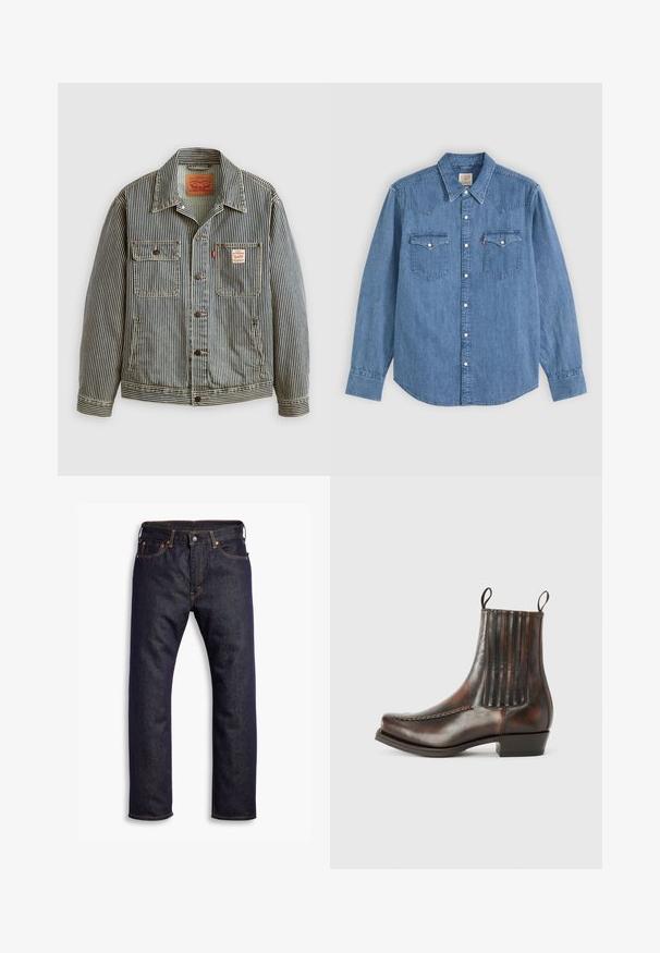 Stribet denimjakke med lukning foran med knapper, to brystlommer og et Levi's mærke. Har en klassisk krave og opsmøgede ærmer.; Langærmet blå denimskjorte med spids krave, knappet front og to brystlommer med knapklapper på ensfarvet baggrund.; Mørkeblå lige ben denim jeans med fem lommer og orange kontrastsyning, lagt fladt ud mod hvid baggrund.; Brun læder ankelstøvle med en glat overflade, elastiske sidepaneler, en rund tå, dekorativ syning og en lav blokhæl.