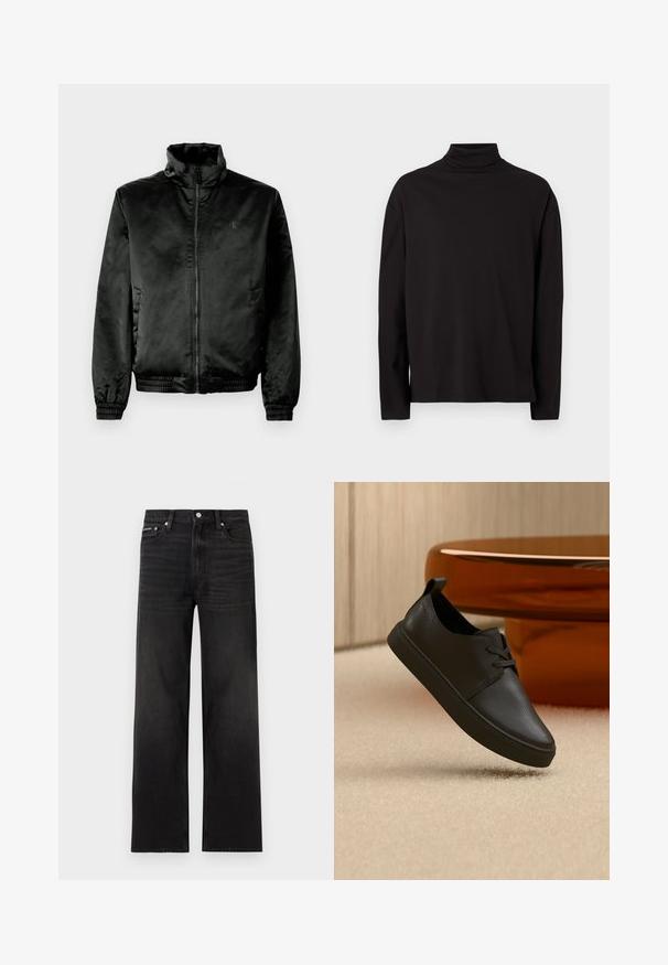 Schwarze Bomberjacke aus glattem, glänzendem Stoff mit hohem Kragen, Reißverschluss vorne und elastischen Bündchen und Saum. Minimale Markenkennzeichnung auf der Brust.; Schwarzes Langarm-Rollkragenoberteil aus weichem, glattem Stoff mit lockerer Passform und ohne sichtbare Muster oder Akzente.; Schwarze Jeans mit geraden Beinen, fünf Taschen, Gürtelschlaufen und Knopfverschluss, auf weißem Hintergrund dargestellt.; Schwarzer Freizeit-Sneaker aus Leder mit Schnürsenkeln, schwebt über einem beigen Teppich, im Hintergrund ein bernsteinfarbenes, rundes Glastisch.