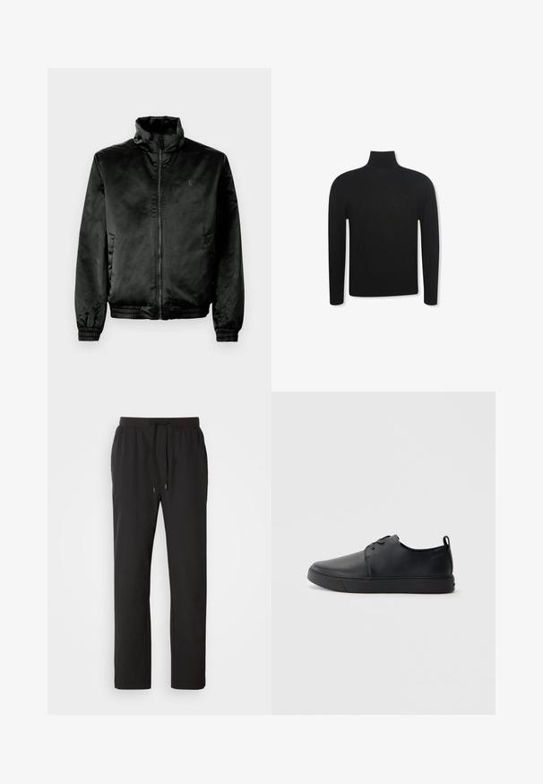 Must mustrõng, läikivast kangast must bomber-jakk, millel on kõrge krae, lukuga eesmine osa ning elastsed varruka- ja alumised ääred. Minimalistlik bränding rinnal.; Must värvi pikad varrukad ja kõrge kaelusega õhuke kampsun, millel on vasakul rinnal peen logo, valgel taustal esitatud.; Mustad mustad spordipüksid, mis on valmistatud kergeks kangast, elastse vöökoha ja reguleeritavate nööridega ning küljetaskutega. Sile tekstuur.; Mustaläik nahast spordijalatsid siledaga viimistlusega, ümarate varvastega, sama tooni õmblustega, nööbid ees, ja lamedate kummist tallaga. Kannas aas.
