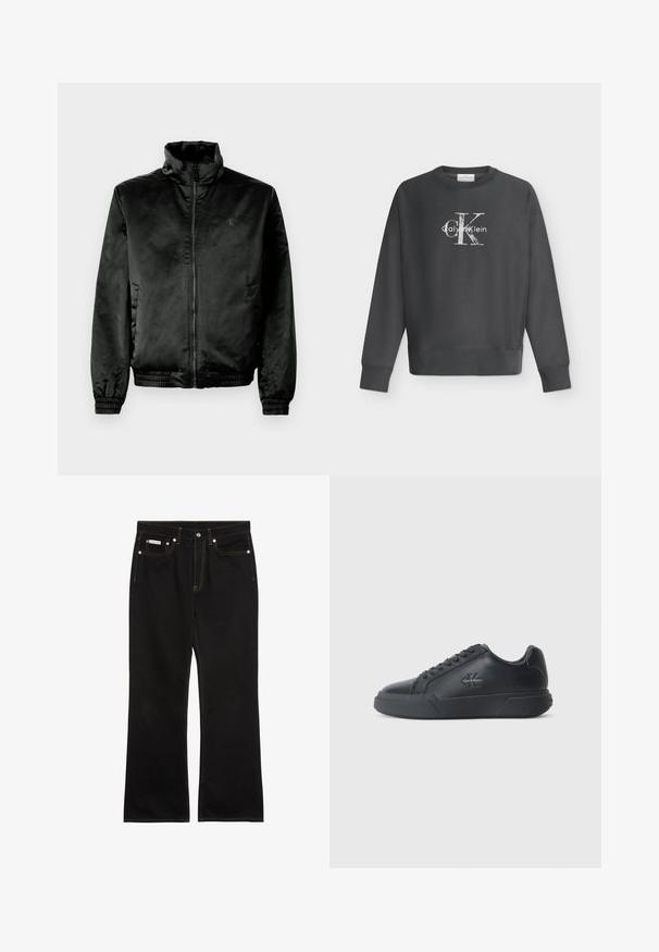 Čierna bomber bunda vyrobená z hladkej, lesklej látky s vysokým golierom, zipsom vpredu a elastickými manžetami a spodným lemom. Minimálne logo na hrudi.; Tmavosivá mikina s dlhým rukávom a okrúhlym výstrihom s bielym logom Calvin Klein uprostred na hrudi na bielom pozadí.; Čierne rovné rifle s oranžovým prešitím, piatimi vreckami, zapínaním na gombíky a malou značkou Calvin Klein na pravom prednom vrecku.; Čierne kožené tenisky majú zaoblenú špičku, plochú podrážku a šnurovací dizajn. Výrazné detaily zahŕňajú jemné logo na boku.