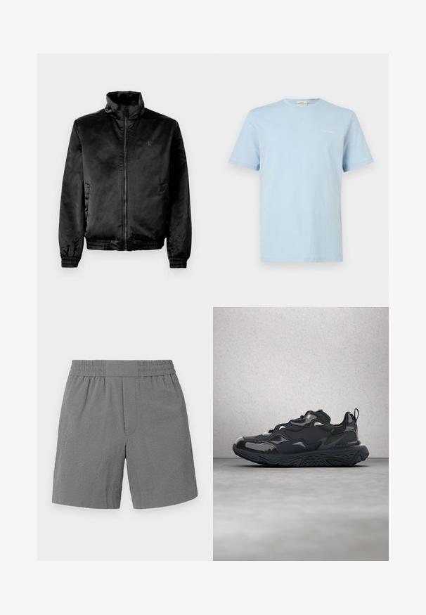 Sort bomberjakke lavet af glat, shiny stof med høj krave, lynlås foran og elastiske manchetter og kant. Minimal branding på brystet.; Lyseblå T-shirt med korte ærmer og rund hals, med lille hvid "Calvin Klein"-logo på venstre bryst.; Grå shorts med elastisk talje, struktureret stof og lige snit. Har to sidelommer og et subtilt mønster.; Sort løbesko med tekstureret overdel, glatte detaljer og en chunky sål med bølgemønster, designet for komfort og holdbarhed.
