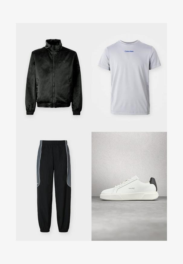 Schwarze Bomberjacke aus glattem, glänzendem Stoff mit hohem Kragen, Reißverschluss vorne und elastischen Bündchen und Saum. Minimale Markenkennzeichnung auf der Brust.; Hellgraues T-Shirt mit kurzen Ärmeln aus strukturiertem Stoff, mit einem blauen "Calvin Klein"-Logo über der Brust. Rundhalsausschnitt, reguläre Passform.; Schwarze Jogginghosen mit dunkelgrauen Seitenpaneelen und weißer Paspelierung, elastischem Bund und Bündchen, vor weißem Hintergrund gezeigt.; Weiße Sneaker mit glattem Lederobermaterial, flachen Schnürsenkeln und erhöhter weißer Sohle. Verfügen über einen schwarzen Akzent an der Ferse und ein geprägtes Logo.