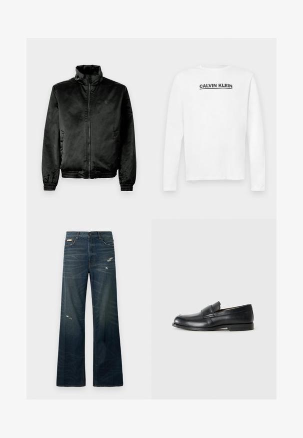Sort bomberjakke lavet af glat, shiny stof med høj krave, lynlås foran og elastiske manchetter og kant. Minimal branding på brystet.; Hvid langærmet skjorte lavet af bomuld, med et sort "CALVIN KLEIN" logo på tværs af brystet og rund halsudskæring. Glat tekstur.; Bredde ben, mørk denimjeans med lys falmning og slidte områder. Har knaplukning og klassisk fem-lomme-design.; Sorte læder loafers med rund tå, syet detaljer og en flad gummisål. Har en bred rem over vristen.
