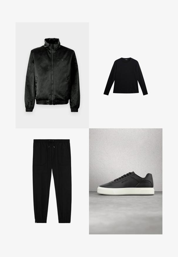 Schwarze Bomberjacke aus glattem, glänzendem Stoff mit hohem Kragen, Reißverschluss vorne und elastischen Bündchen und Saum. Minimale Markenkennzeichnung auf der Brust.; Schwarzes Langarm-T-Shirt aus glattem Stoff, mit Rundhalsausschnitt und einem dezenten Logo auf der Vorderseite, in lockerer Passform.; Schwarze Jogginghosen mit elastischem Bund, Kordelzug, vorderen aufgesetzten Taschen und elastischen Bündchen vor weißem Hintergrund.; Schwarze Ledersneaker mit weißer Gummisohle, rundlicher Zehenpartie und flachen Schnürsenkeln. Strukturierte Akzente an den Seiten, minimalistisches Design.