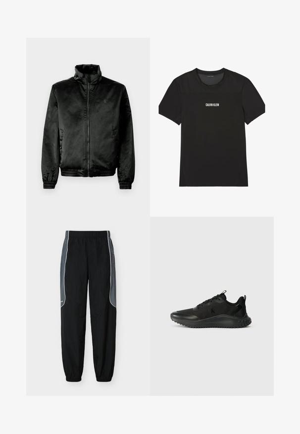 Zwarte bomberjack gemaakt van glad, glanzend materiaal met een hoge kraag, ritssluiting aan de voorkant en elastische boorden en zoom. Minimaal merklogo op de borst.; Zwart Calvin Klein T-shirt met korte mouwen en mesh-stof op de schouders en bovenborst, met de merknaam in het wit gedrukt in het midden van de borst.; Zwarte trainingsbroek met donkergrijze zijpanelen en witte bies, elastische tailleband en boorden, weergegeven tegen een witte achtergrond.; Zwarte sportieve sneakers met een soepele, gestructureerde afwerking, ronde neus, dikke zool en vetersysteem voor een veilige pasvorm. Subtiele branding aan de zijkant.