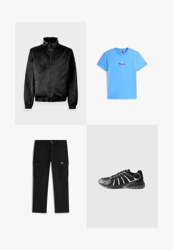 Schwarze Bomberjacke aus glattem, glänzendem Stoff mit hohem Kragen, Reißverschluss vorne und elastischen Bündchen und Saum. Minimale Markenkennzeichnung auf der Brust.; Blaues Kurzarm-T-Shirt mit dem Schriftzug "New York City" und einer kleinen Grafik in Rot und Weiß, mittig auf der Brust, mit rundem Ausschnitt.; Schwarze Cargohose mit Fronttaschen, Knopf- und Reißverschluss sowie einem Tommy Jeans Patch auf der Klappe der rechten Oberschenkeltasche.; Schwarzer Sportschuh mit weißen Akzenten, der ein strukturiertes Obermaterial, ein geschwungenes Design und eine Gummisohle mit auffälligem Profil für Traktion bietet.