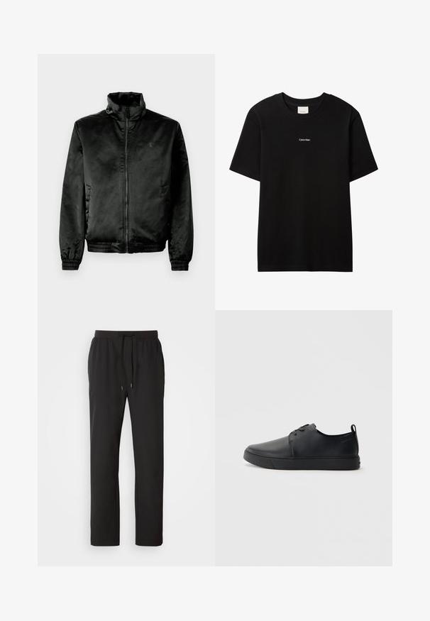 Schwarze Bomberjacke aus glattem, glänzendem Stoff mit hohem Kragen, Reißverschluss vorne und elastischen Bündchen und Saum. Minimale Markenkennzeichnung auf der Brust.; Schwarzes Baumwoll-T-Shirt mit Rundhalsausschnitt und kurzen Ärmeln. Auf der Vorderseite befindet sich ein kleines weißes "Calvin Klein"-Logo. Glatte, klassische Passform.; Schwarze Jogginghosen aus leichtem Stoff, mit einem elastischen Bund und verstellbaren Kordeln sowie Seitentaschen. Glatte Textur.; Schwarze Leder-Sneaker mit glatter Oberfläche, abgerundeter Zehenpartie, gleichfarbiger Nähte, schnürbarem Vorderteil und flacher Gummisohle. Schlaufe an der Ferse.