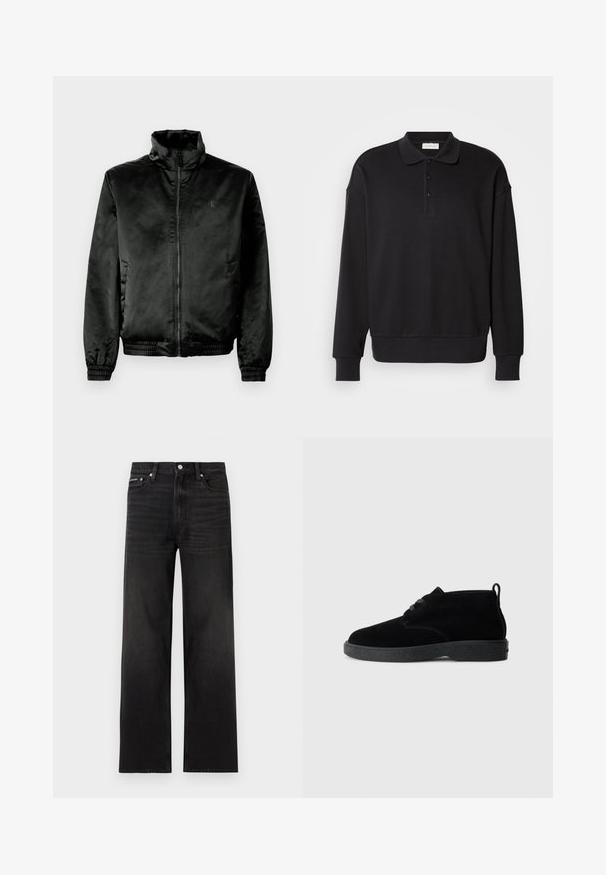 Schwarze Bomberjacke aus glattem, glänzendem Stoff mit hohem Kragen, Reißverschluss vorne und elastischen Bündchen und Saum. Minimale Markenkennzeichnung auf der Brust.; Schwarzes Langarm-Polohemd, gerippte Textur, Knopfleiste mit drei Knöpfen, gesticktes Logo auf der Brust, enganliegende Bündchen und Saum. Material aus weichem Baumwollmix.; Schwarze Jeans mit geraden Beinen, fünf Taschen, Gürtelschlaufen und Knopfverschluss, auf weißem Hintergrund dargestellt.; Schwarze Wildleder-Stiefeletten mit runder Zehenpartie, Schnürdesign, schwarzem Gummisohle und einem Zugband an der Rückseite für einfaches An- und Ausziehen.