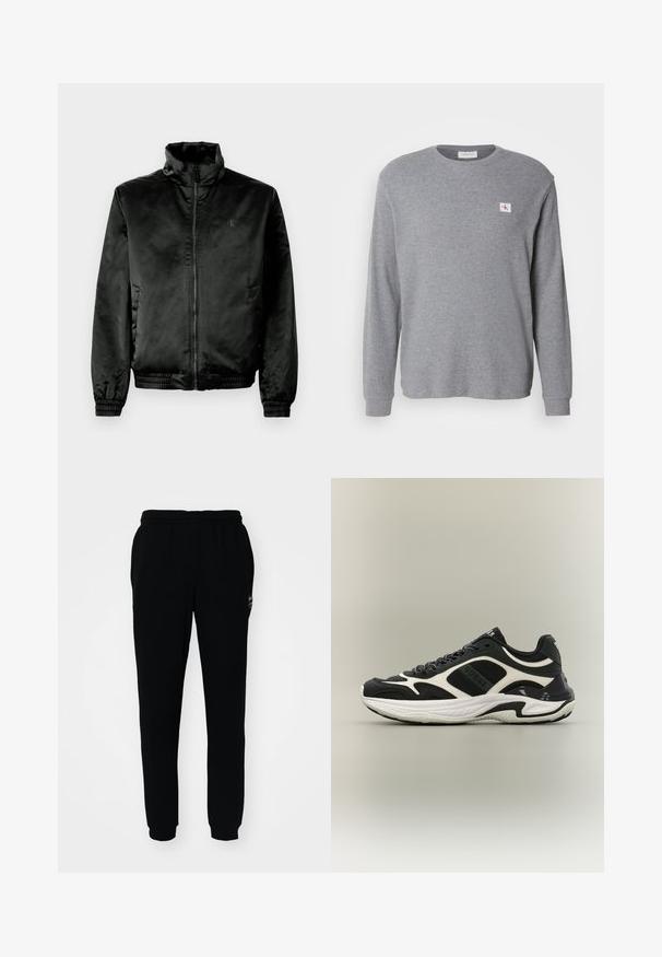Schwarze Bomberjacke aus glattem, glänzendem Stoff mit hohem Kragen, Reißverschluss vorne und elastischen Bündchen und Saum. Minimale Markenkennzeichnung auf der Brust.; Grauer Langarm-Sweatshirt aus strukturiertem Stoff, mit Rundhalsausschnitt und kleiner CK-Logo-Patch auf der oberen linken Seite.; Schwarze Jogginghose mit elastischem Bund und Bündchen. Aus weichem Stoff gefertigt, mit einem kleinen Logo auf der oberen linken Seite.; Schwarz-weißer Sneaker mit niedrigem Schaft, klobiger weißer Sohle und detaillierter Färbung, seitlich auf hellgrauem Hintergrund dargestellt.