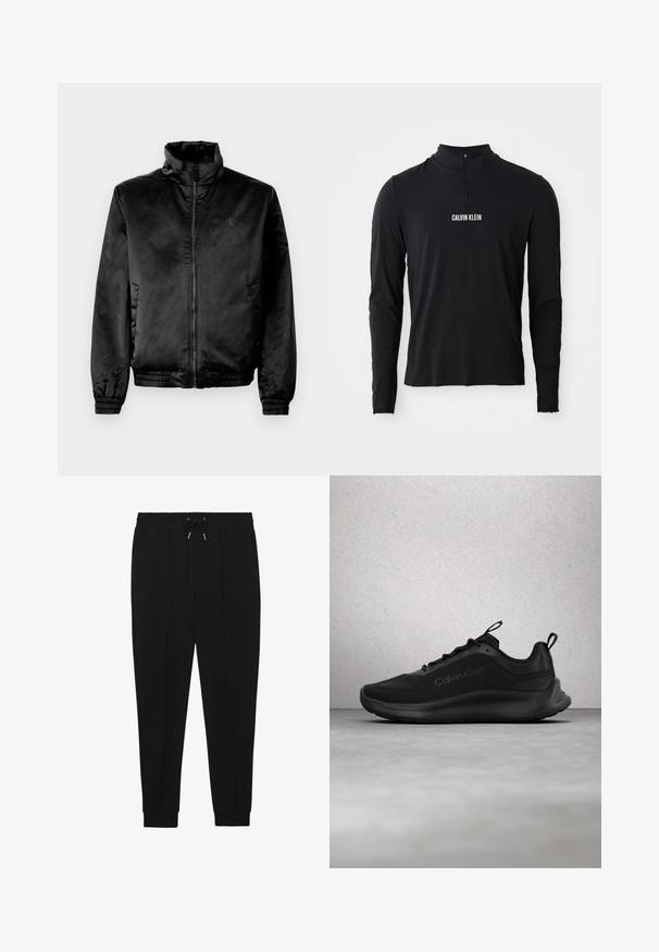 Sort bomberjakke lavet af glat, shiny stof med høj krave, lynlås foran og elastiske manchetter og kant. Minimal branding på brystet.; Sort langærmet top med høj krave, der har en kvartlynlås og hvid "CALVIN KLEIN" logo på forsiden. Glat, strækbart stof.; Sorte træningsbukser med snøre i taljen, tapered ben og ribbede manchetter. Fremstillet af et blødt stof med en glat tekstur.; Sort Calvin Klein-sneaker med snørebånd, svævende over en grå poleret gulv nær en glasblokvæg og en hvid søjle.