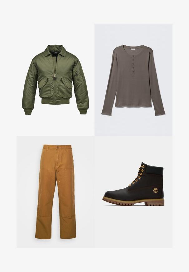 Olivovozelená bomber bunda, nylónový materiál, zips, pružné manžety a spodný lem, dve predné vrecká a nášivkové vrecko na rukáve.; Dlhý sivý henley s piatimi gombíkmi a okrúhlym výstrihom, zobrazený na jednoduchom bielom pozadí.; Hnedé bavlnené utility nohavice so strihom rovného nohu, ktoré obsahujú predné vrecká a kovové detaily pre zvýšenú odolnosť.; Čierne kožené členkové topánky so zlatými očkami, hnedými akcentmi a gumovou podrážkou. Majú polstrovaný golier a embosované logo na boku.