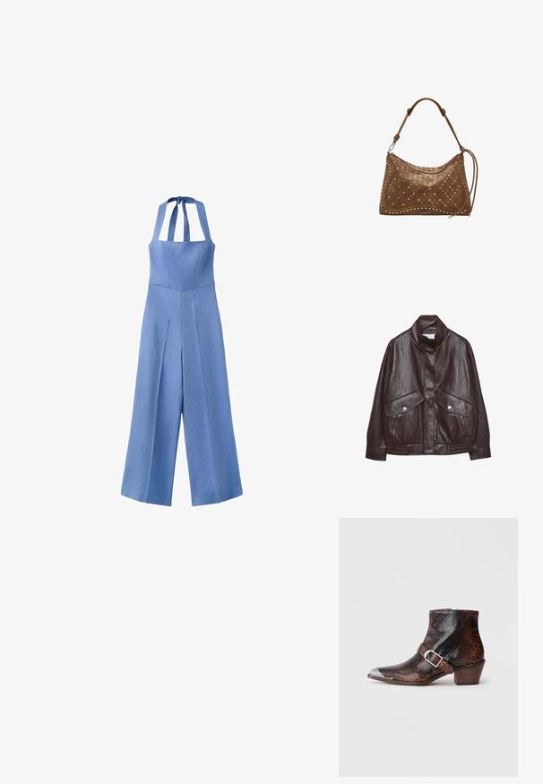 Brun læderjakke med højt krave, to store forlommer, trykknapdetaljer og elastisk talje. Tekstureret, mat finish.; Lyseblå ærmeløs jumpsuit med halterneck, brede ben og strukturerede sømme langs overdelen og benene.; Sorte og brune ankelstøvler med slangemønster, med en sølvfarvet tåhætte, spændeaccents og en lav træhælt. Glat tekstur, tætsiddende design.; Desigual Håndtasker - brown