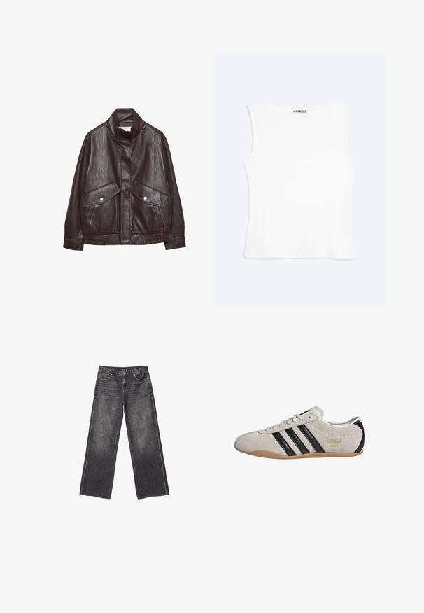 Brun læderjakke med højt krave, to store forlommer, trykknapdetaljer og elastisk talje. Tekstureret, mat finish.; Hvid tætsiddende ærmeløs tanktop med rund halsudskæring og minimalistisk design, mærket "WEEKDAY" indeni kraven.; Mørkegrå denim jeans med vid ben, front- og baglommer, knaplukning og diskrete slidte detaljer.; Suedesneakers med en grå overdel, sorte striber og en gummisål. Har snørelukning og en guldfarvet logo-detalje på siden.