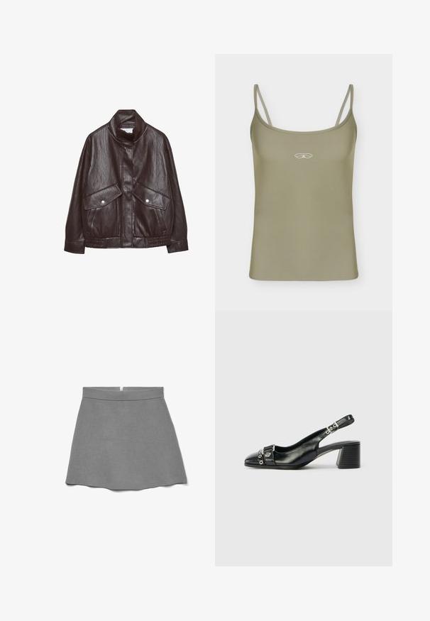 Brun læderjakke med højt krave, to store forlommer, trykknapdetaljer og elastisk talje. Tekstureret, mat finish.; Ærmeløs olivengrøn tanktop med tynde skulderstropper og et lille hvidt geometrisk logo centreret på brystet.; Grå nederdel lavet af blødt stof, med høj talje, vidde i skørtet og en skjult lynlås bagpå.; Sorte læder slingback hæl med spids tå, tekstureret rem med cirkulære metalliske accenter, og en stablet blokhæl.