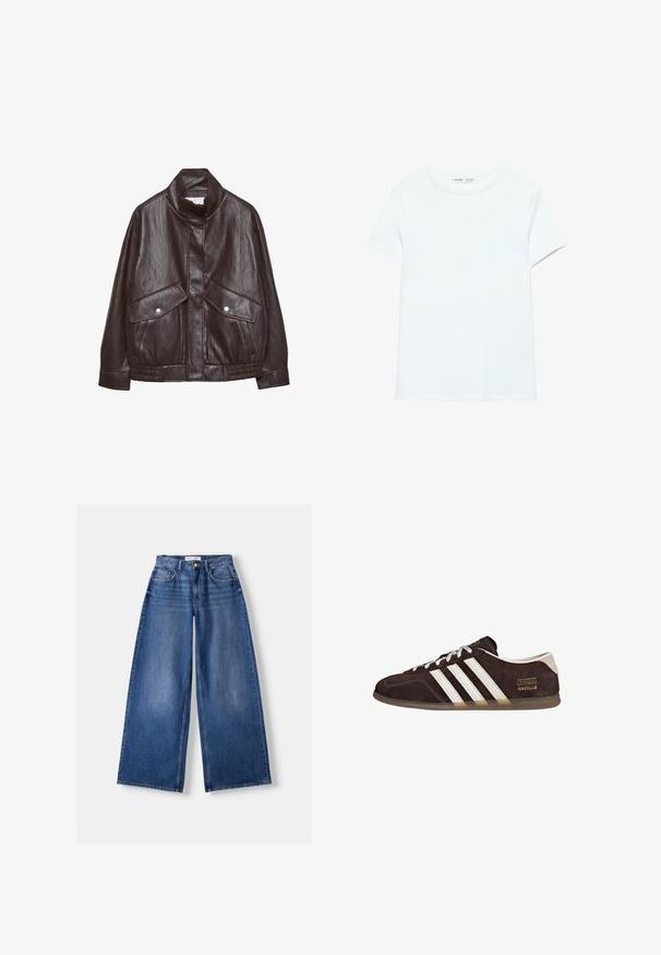 Veste en cuir marron avec un col haut, deux grandes poches avant, des accents de boutons-pression et une taille élastiquée. Fini texturé et mat.; T-shirt blanc uni en coton à manches courtes, col rond, présenté à plat sur un fond blanc, sans motifs ni logos visibles.; Jeans en denim bleu à jambes larges avec poches avant, passants de ceinture et fermeture par bouton, posés à plat sur un fond clair.; Baskets en suède marron avec trois bandes blanches, semelle en caoutchouc, et étiquette avec le texte "Gazelle" en or. Fermeture à lacets avec lacets gris.