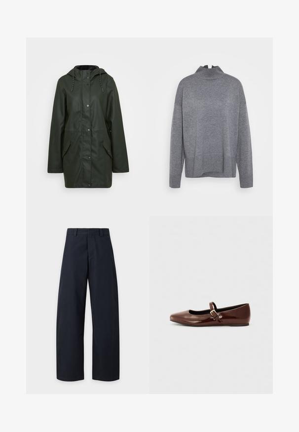 Vandafvisende grøn parka-jakke med hætte, trykknaplukning, to frontlommer og snoretræk. Glat tekstur.; ONLY Tall ONLCOCO LIFE HIGH NECK - Striktrøje - medium grey melange; Marineblå bukser med brede ben, bæltestropper og en lynlås foran på en ensfarvet lys baggrund.; Brun patentlæder balletflade med firkantet tå og strop med en lille guldbuckle. Glat tekstur, lav hæl og minimalistisk design.